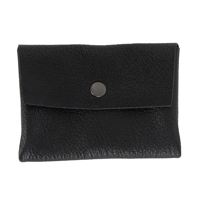 Black leather cardholder with a button on a white background