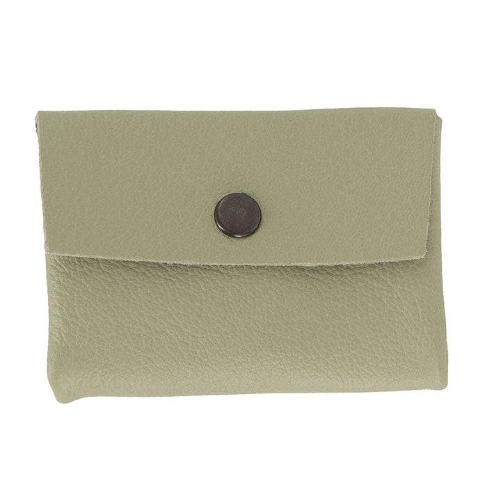 Green leather pouch with a button on a white background