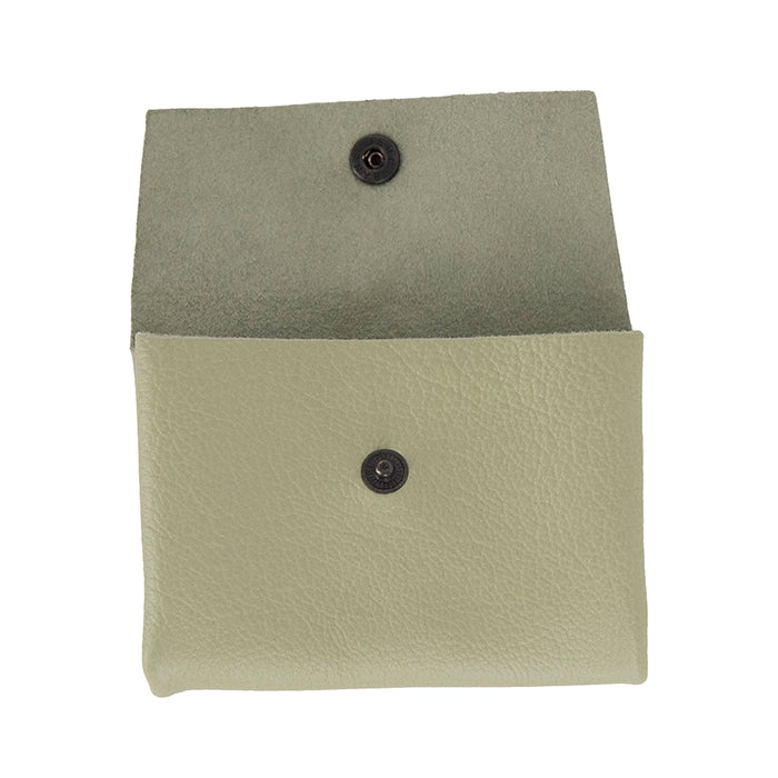 Green leather pouch with button closure on a white background
