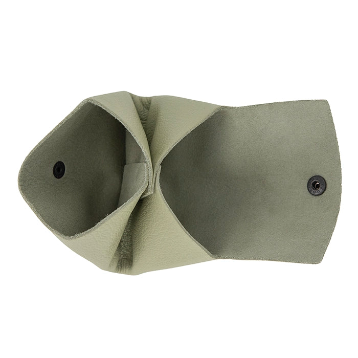 Inside of Green leather pouch with two black buttons on a white background