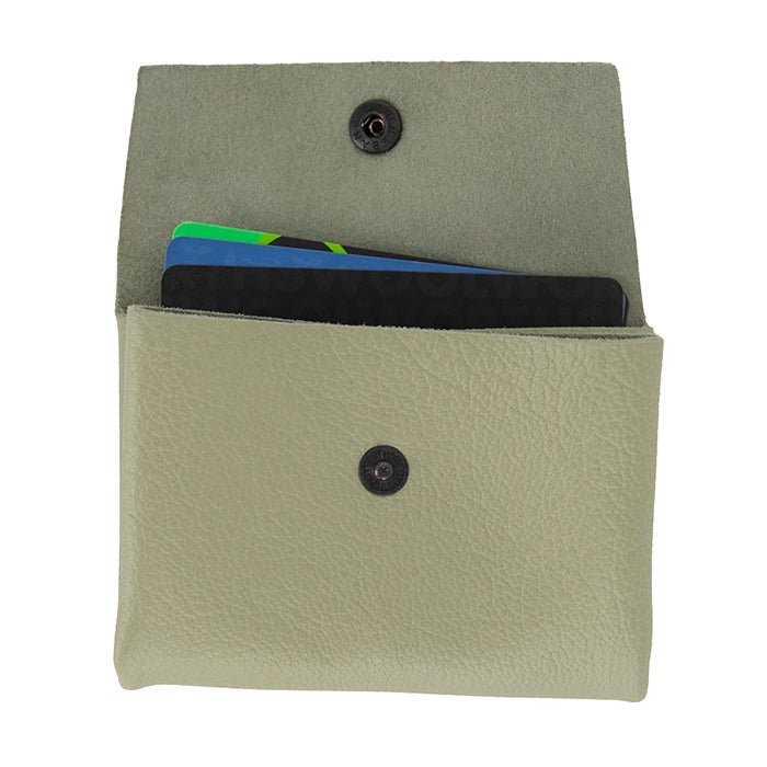 Green leather cardholder with cards inside on a white background