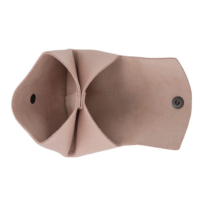 Pink leather pouch with black buttons on a white background