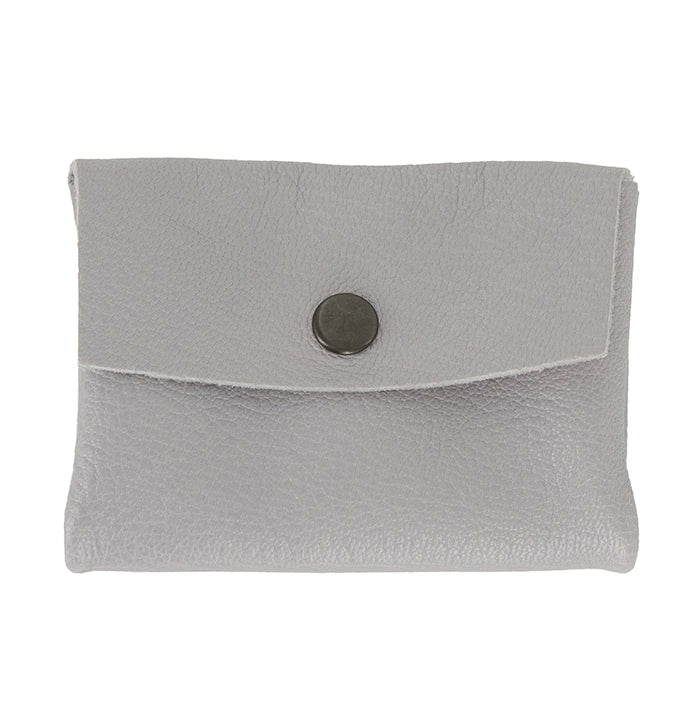 Grey pouch with a button on a white background