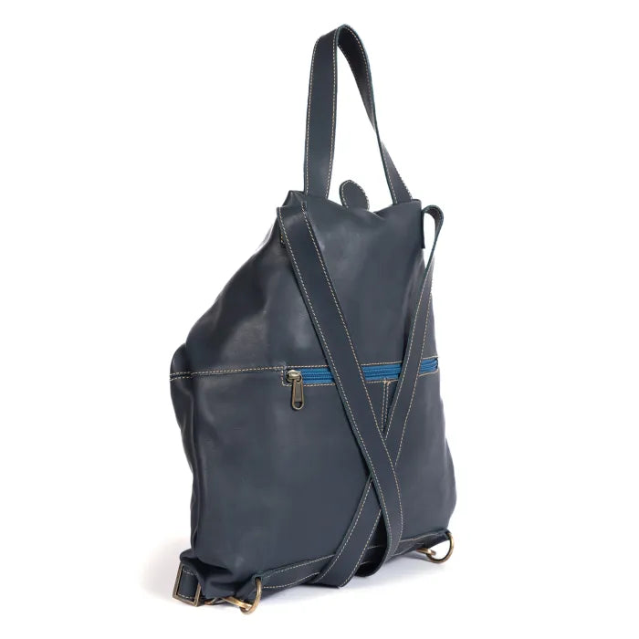Blue backpack with a blue zipper on a white background