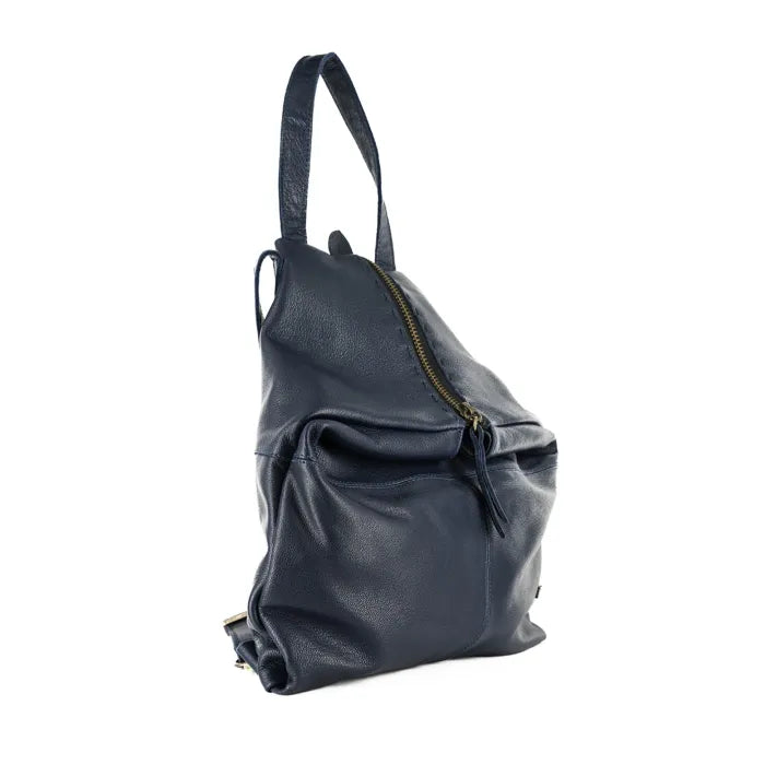 Navy leather backpack on a white background