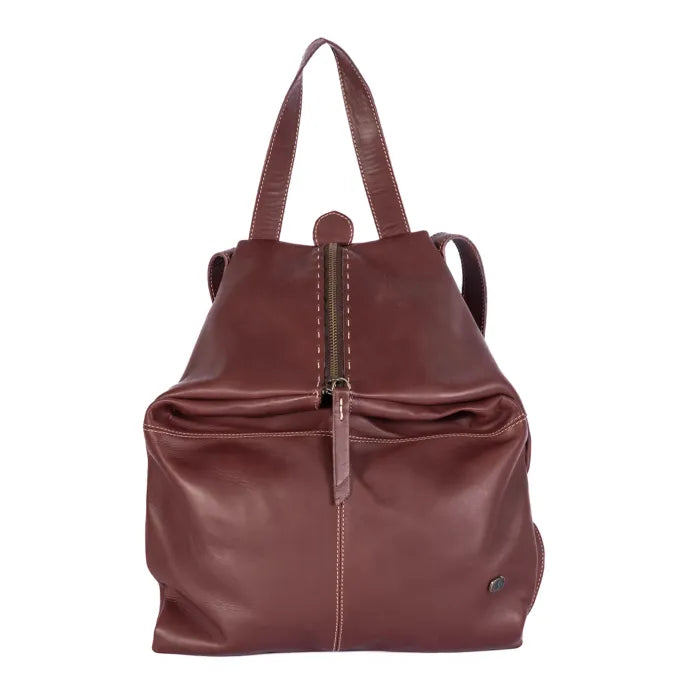 Maroon leather backpack on a white background