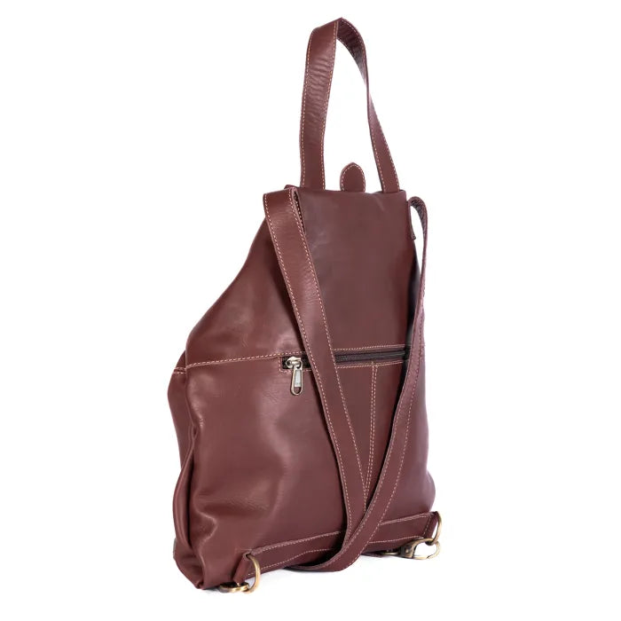 Maroon leather backpack on a white background