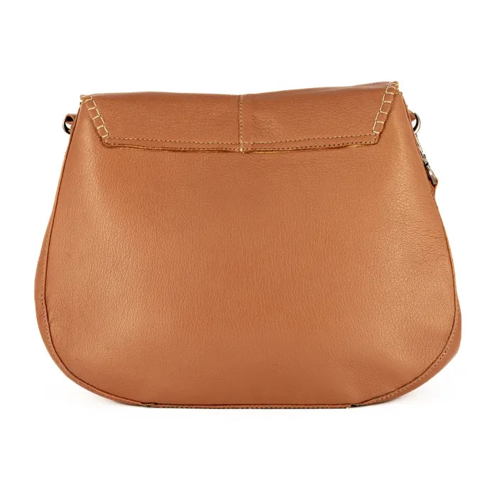 Tan leather handbag on a white background