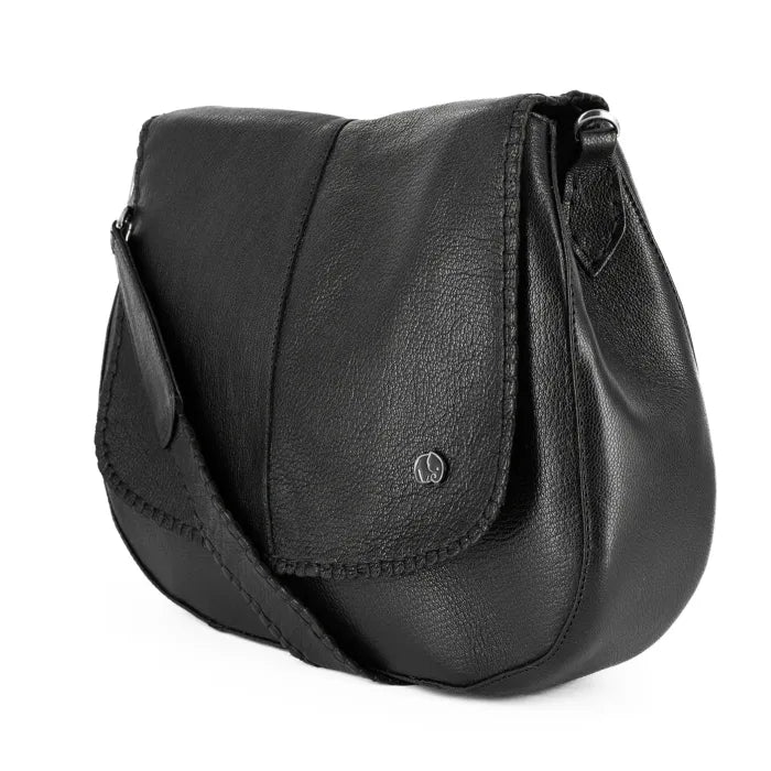 Black leather shoulder bag on a white background