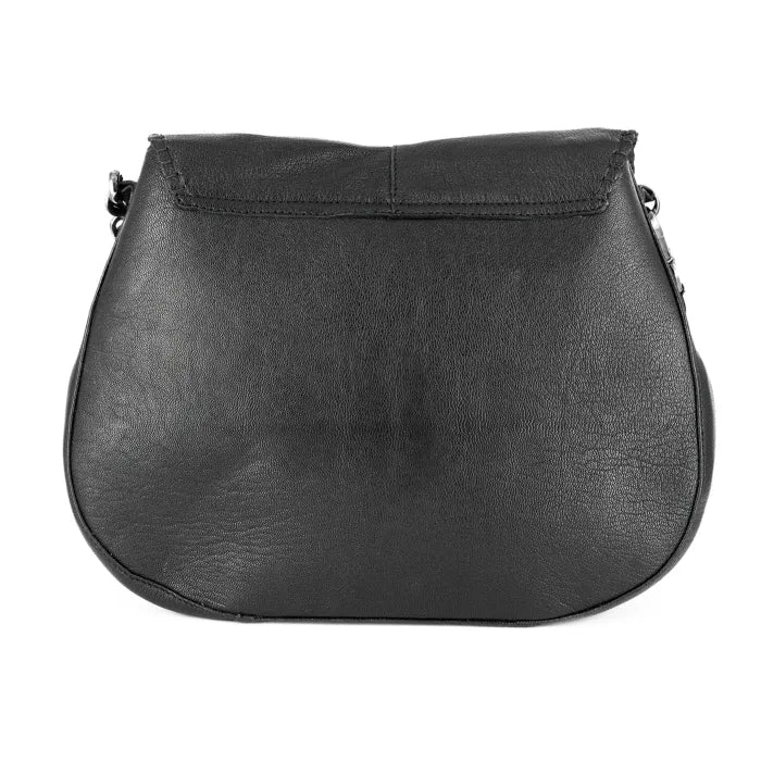 Black leather handbag on a white background