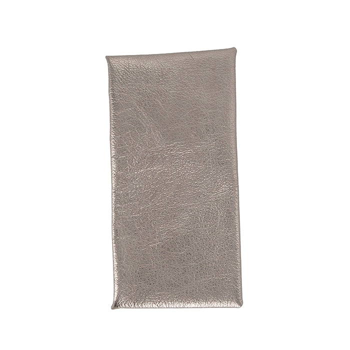 Metallic silver leather pouch on a white background