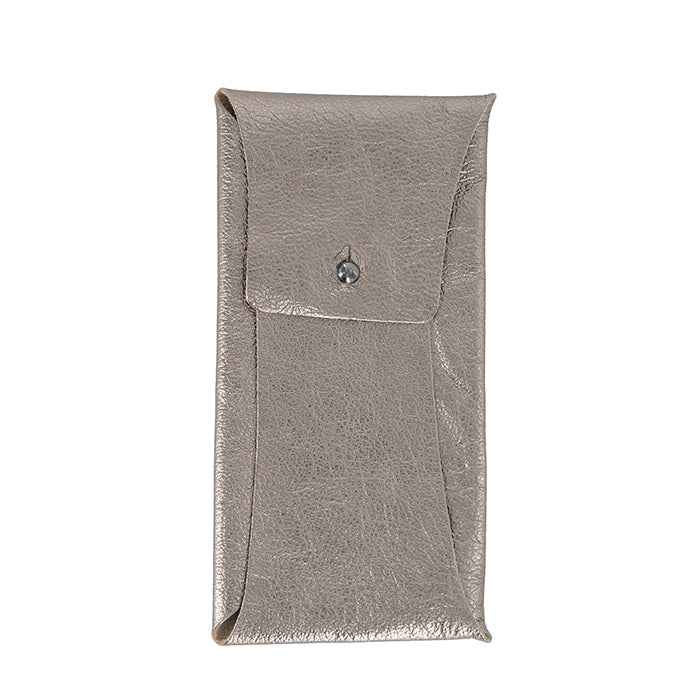 Metallic leather sunglasses pouch with a button on a white background