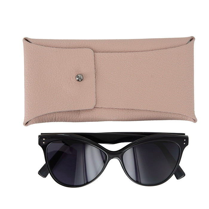 Black sunglasses with a pink leather case on a white background
