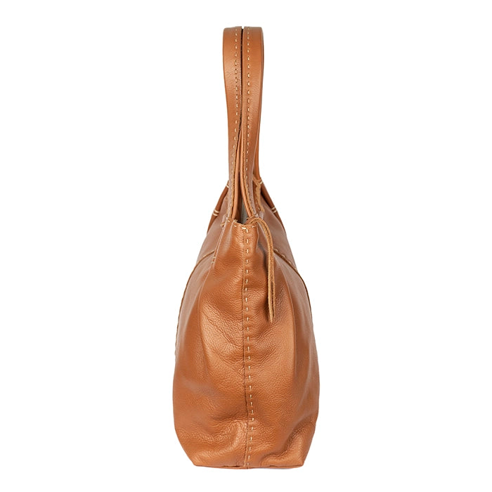 Tan leather handbag on a white background