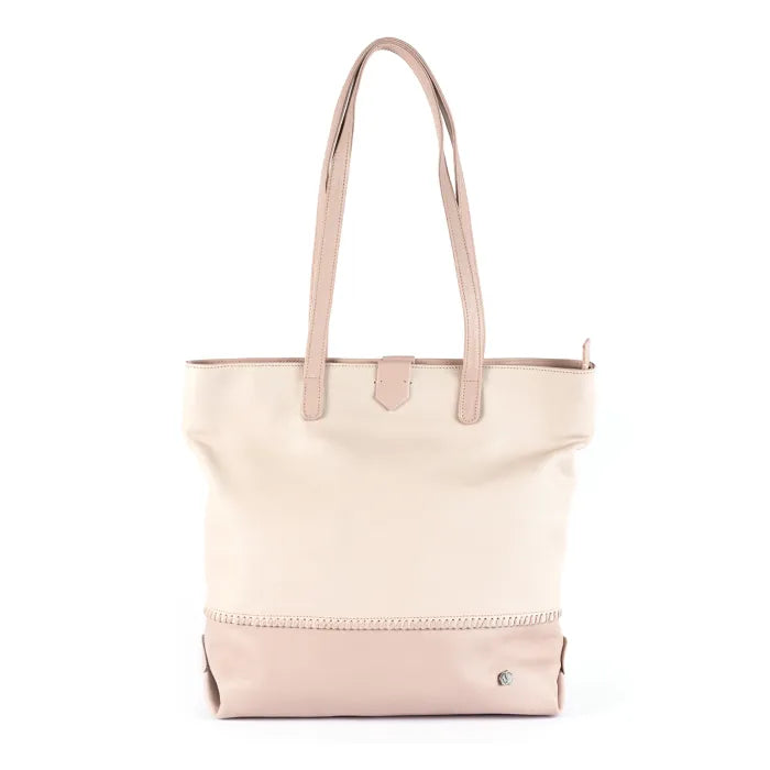 Cream and pink tote bag with pink accents on a white background