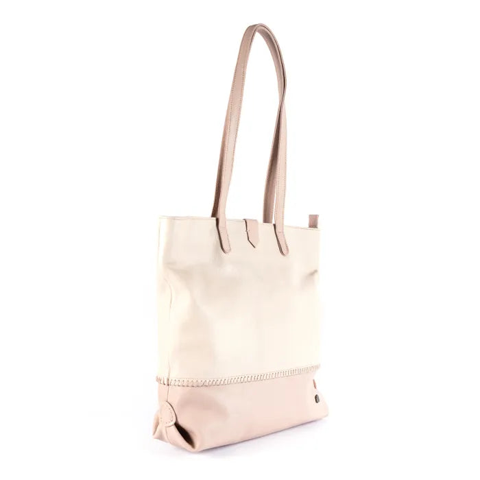 Cream and pink tote bag with a subtle pattern on a white background