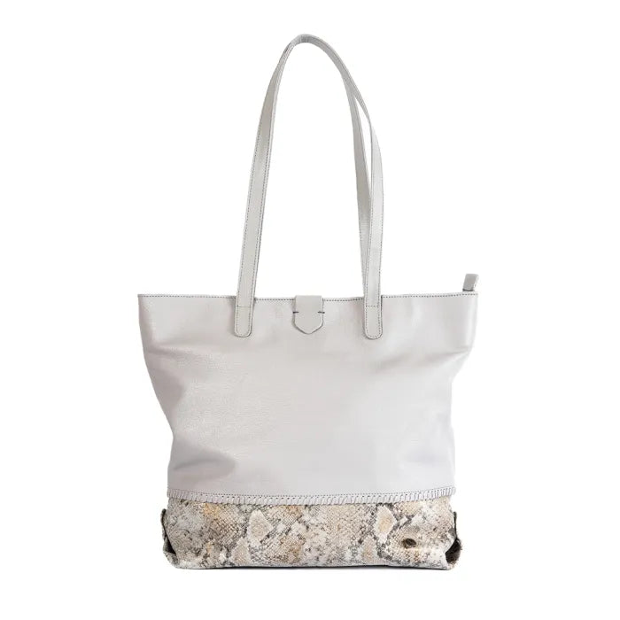 light grey tote bag with a patterned bottom section on a white background
