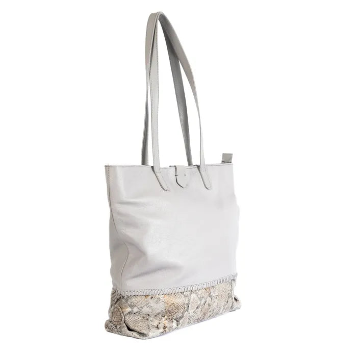 Light grey tote bag with snake print trim on a white background