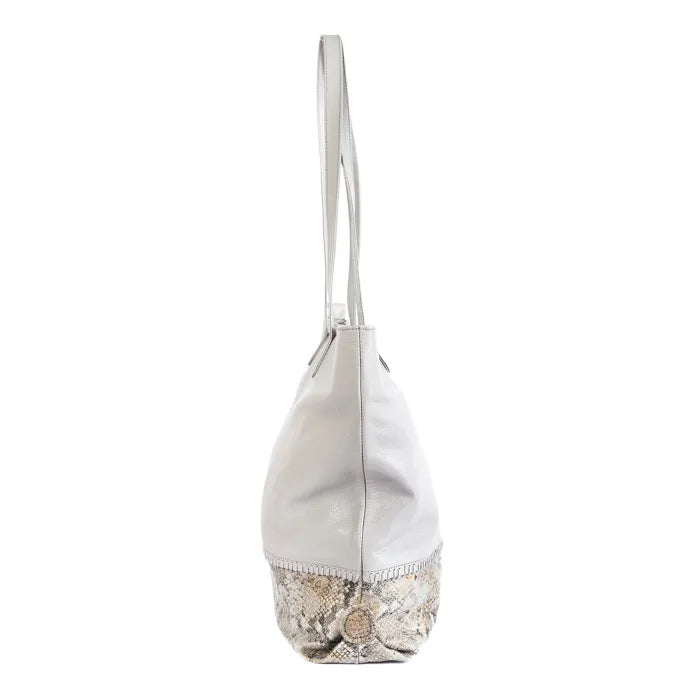 Light grey tote bag with floral accents on a white background