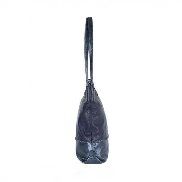 Navy leather handbag on a white background