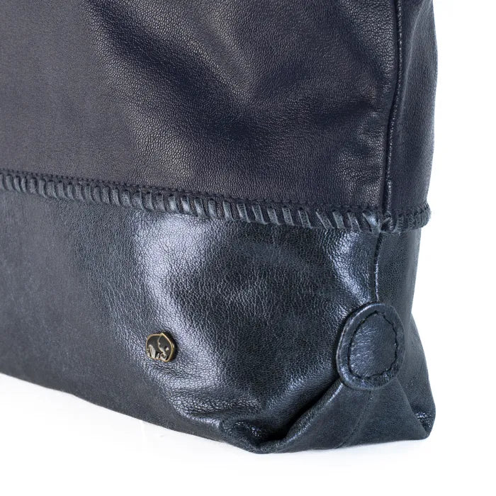 Close-up of a blue leather bag with stitching detail on a white background