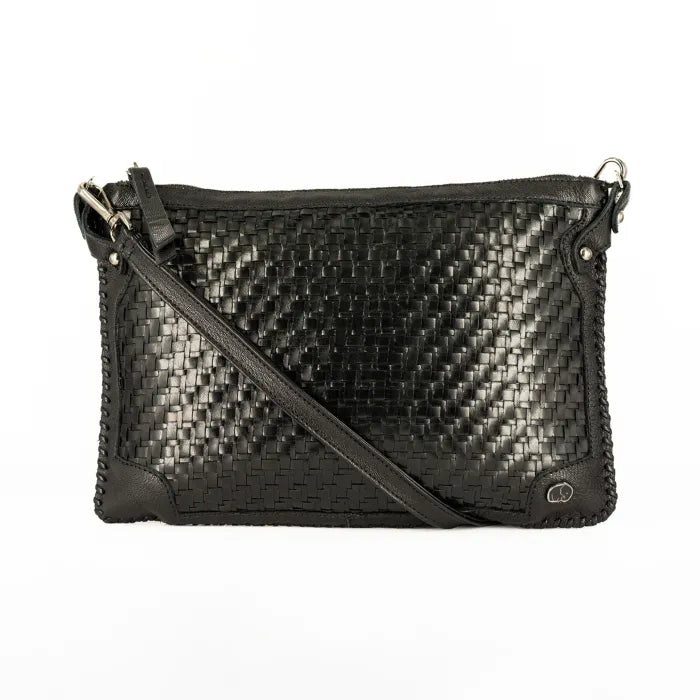 Black woven handbag on a white background