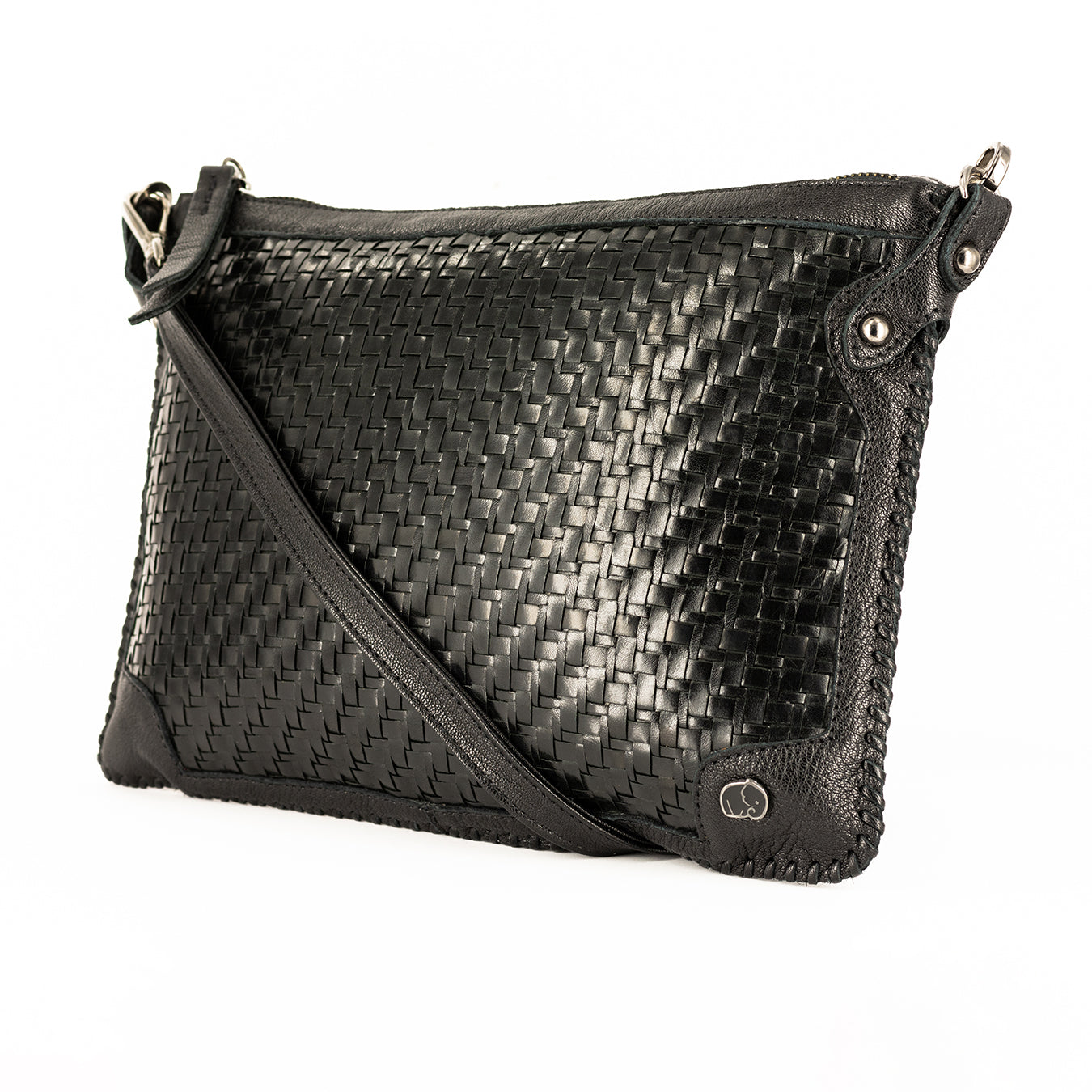 Onalo : Ladies Leather Crossbody Handbag in Black Seneca and Black Cayak