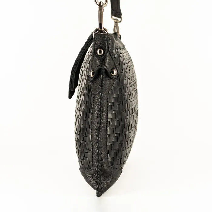 Black woven leather handbag with a strap on a white background