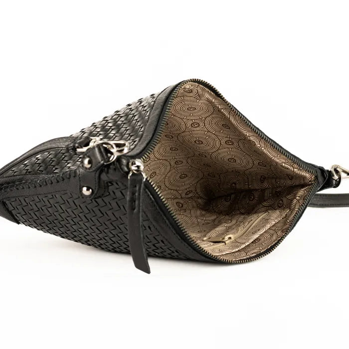 Black woven handbag with open zipper on a white background