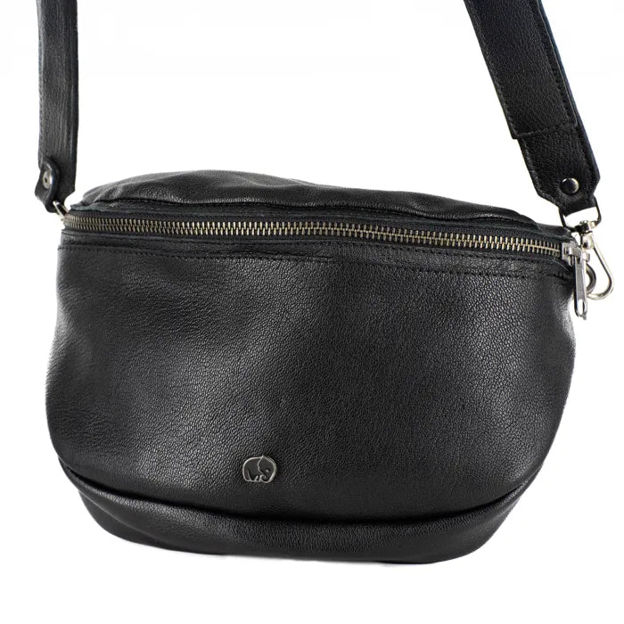 Black leather bag with a visible brand logo on a white background