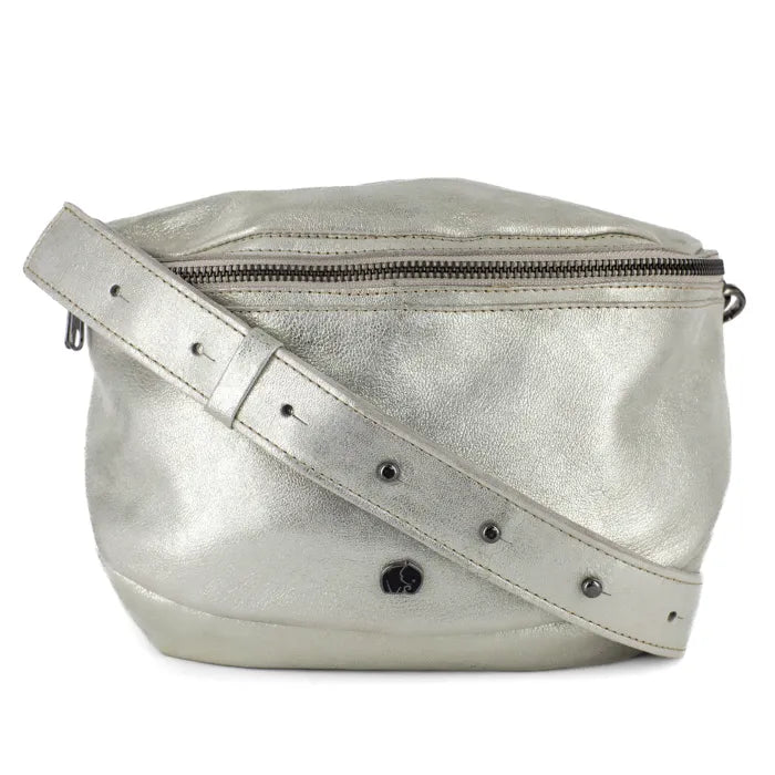 Silver metallic crossbody bag on a white background