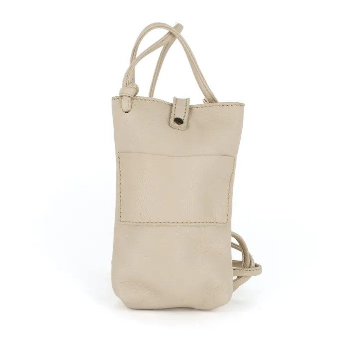 Beige cellphone pouch with a strap on a white background