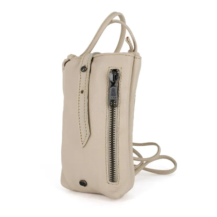 Beige cellphone pouch with a zipper on a white background