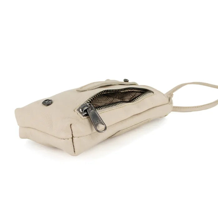 Beige cellphone pouch with a zipper on a white background