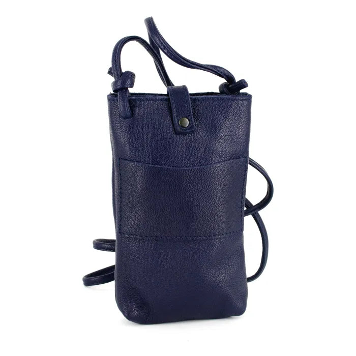 Navy blue leather crossbody bag on a white background