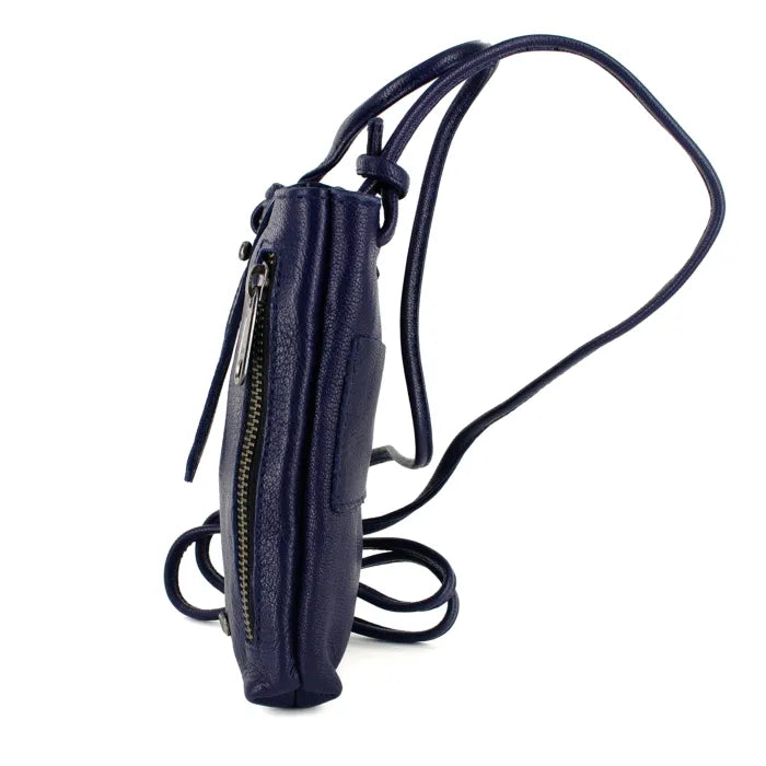 Navy blue leather crossbody bag with a strap on a white background