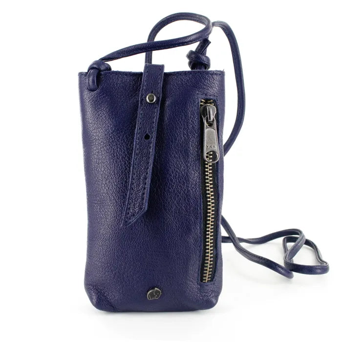 Navy blue leather crossbody cellphone pouch with a zipper on a white background
