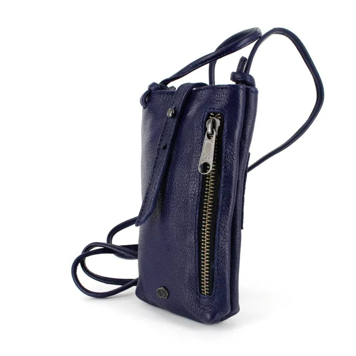 Navy blue leather crossbody cellphone pouch with a zipper on a white background