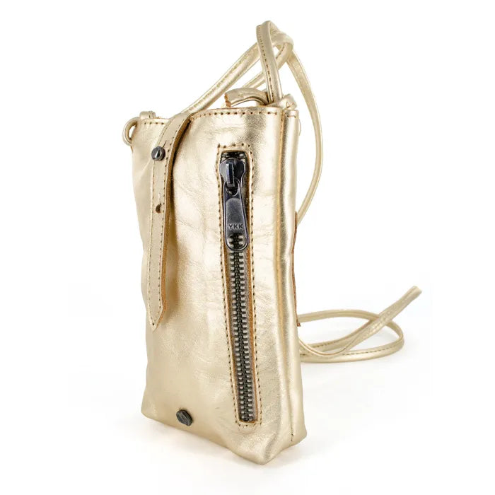 Gold metallic cellphone pouch with a zipper on a white background