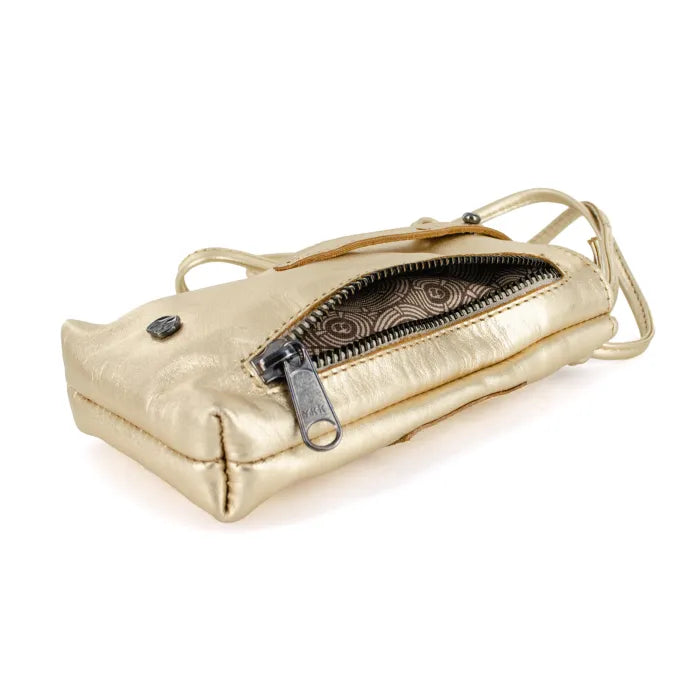 Gold metallic clutch cellphone pouch with a zipper on a white background