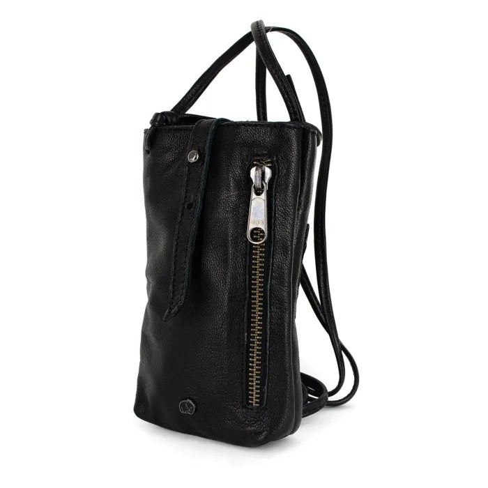 Black leather cellphone pouch with a zipper on a white background