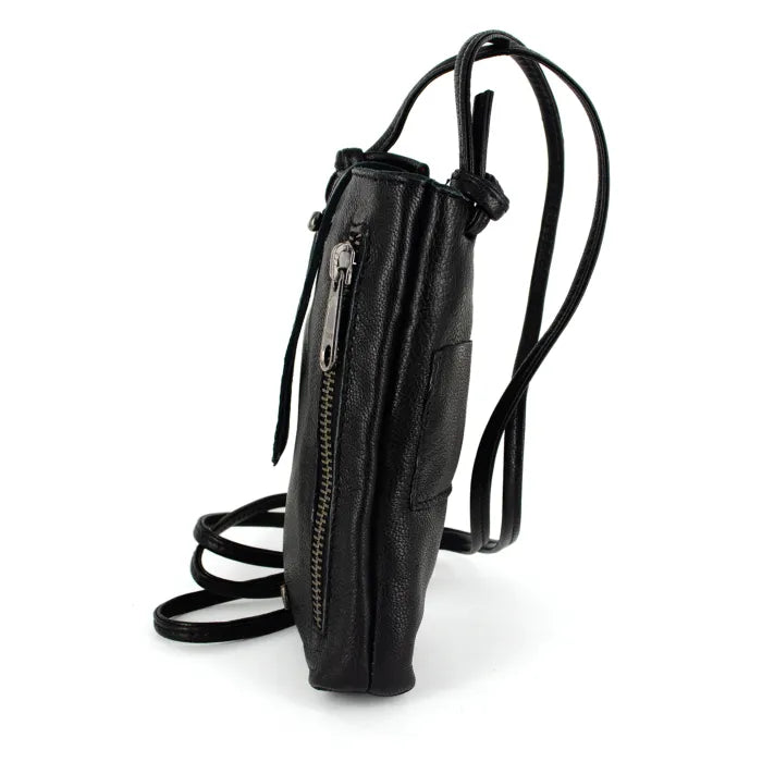 Black leather crossbody cellphone pouch on a white background
