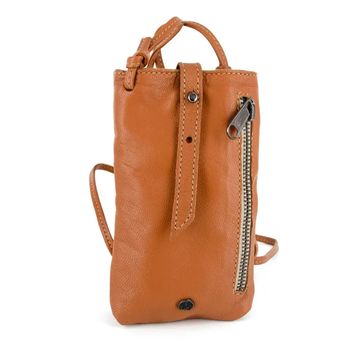Brown leather crossbody bag with a zipper on a white background