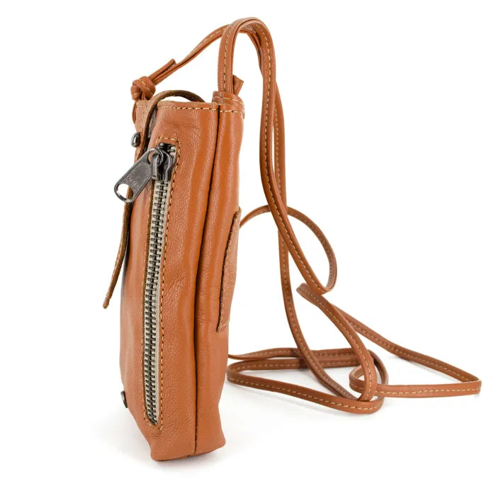 Brown leather crossbody bag with a strap on a white background
