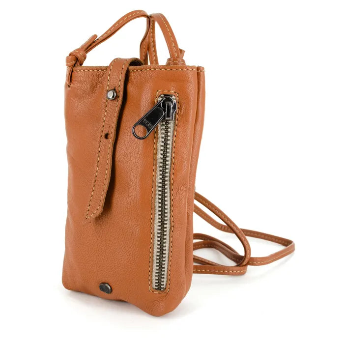 Brown leather crossbody bag with a zipper on a white background