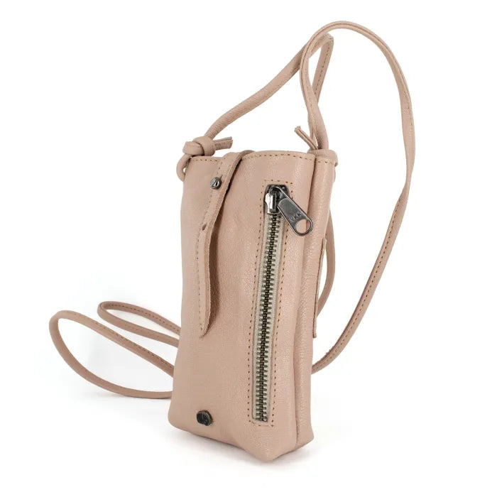 Light pink crossbody bag with a zipper on a white background