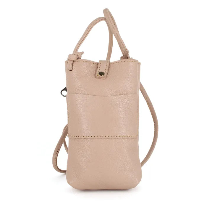 Light pink handbag with a strap on a white background