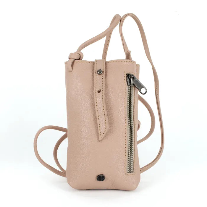 Light pink crossbody bag with a zipper on a white background