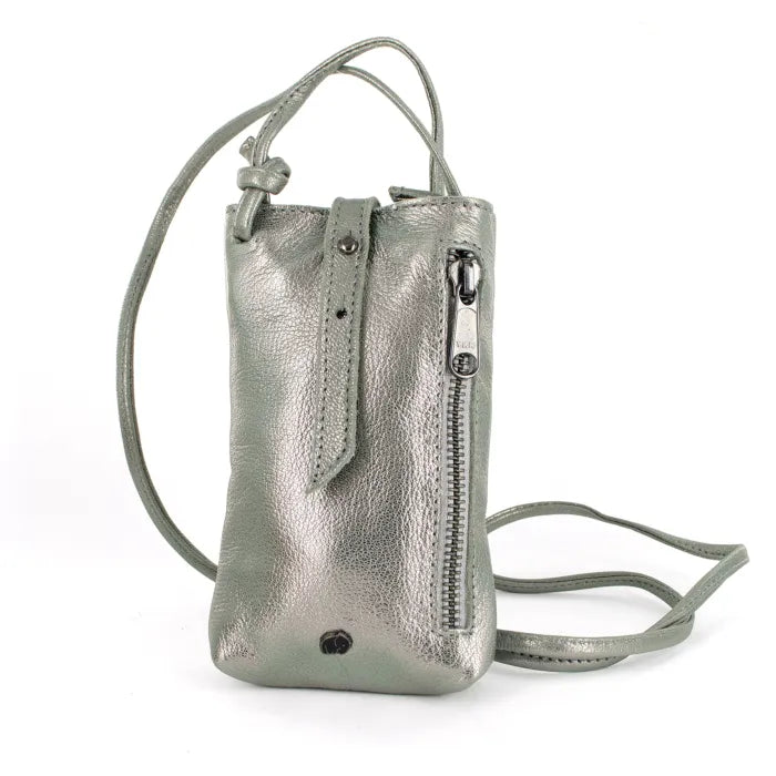 Silver metallic crossbody bag on a white background