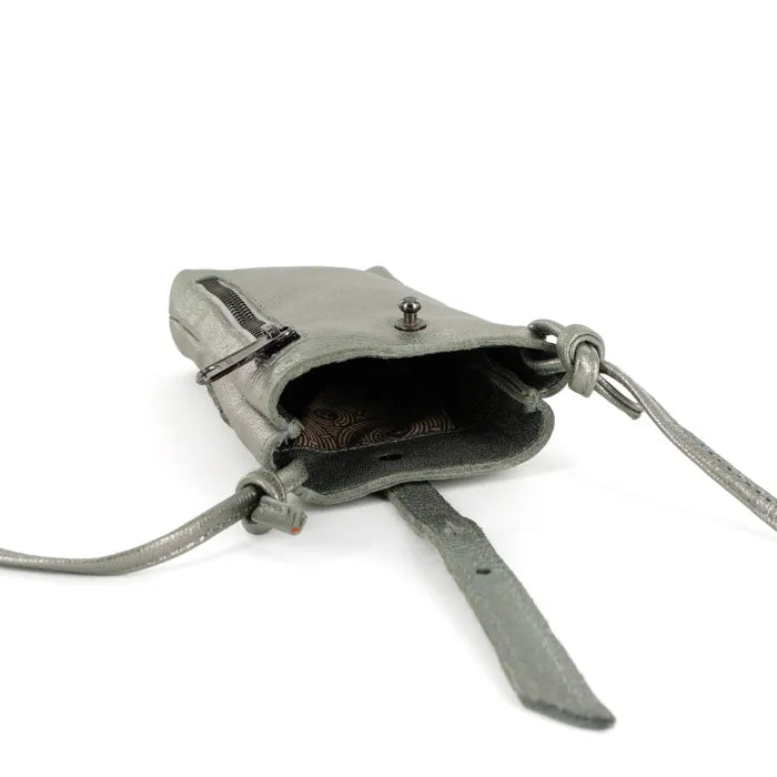 Silver leather pouch on a white background
